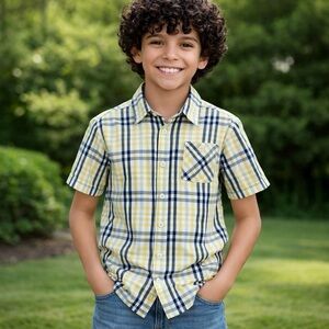 DKNY Boys Yellow and Blue Checkered Button Down Shirt Sz 10/12